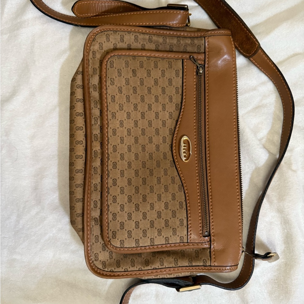 Vintage Gucci Brown GG Monogram Leather-Trim Messenger Bag